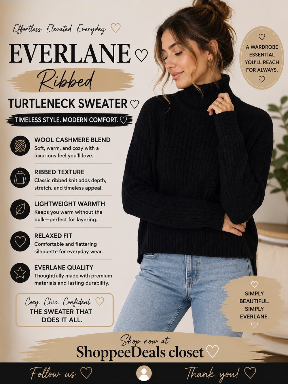 Everlane Ribbed Turtleneck Sweater | XS | Wool Cashmere Blend